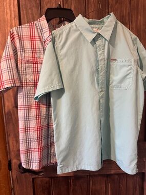 2 Columbia Light Blue Short Sleeve Button-Down Shirt and Columbia Plaid Shirt